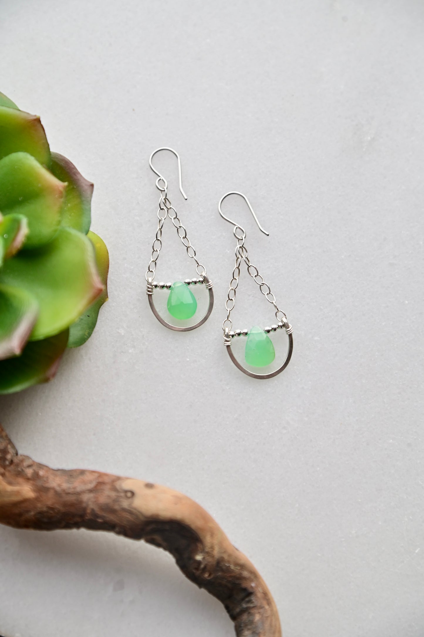 Hammered Hoops: Chrysoprase + Silver Earrings