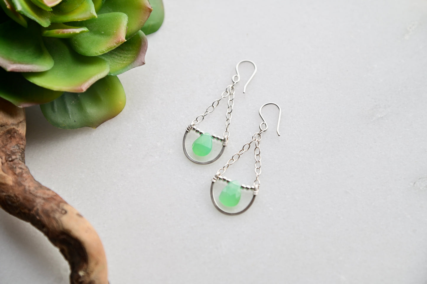 Hammered Hoops: Chrysoprase + Silver Earrings