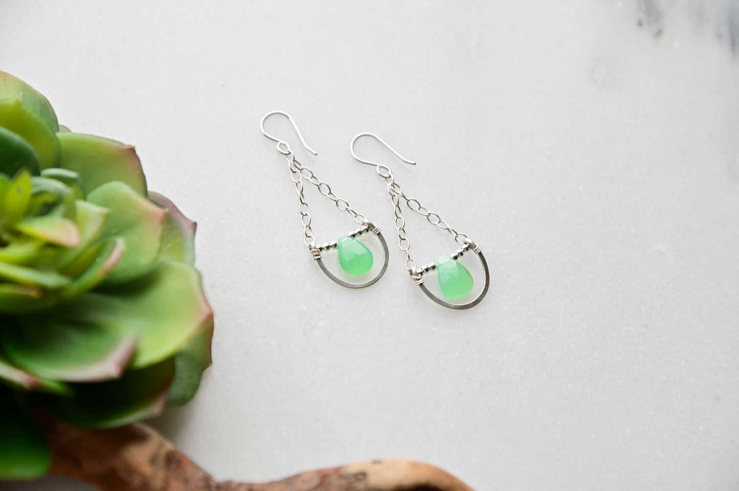 Hammered Hoops: Chrysoprase + Silver Earrings