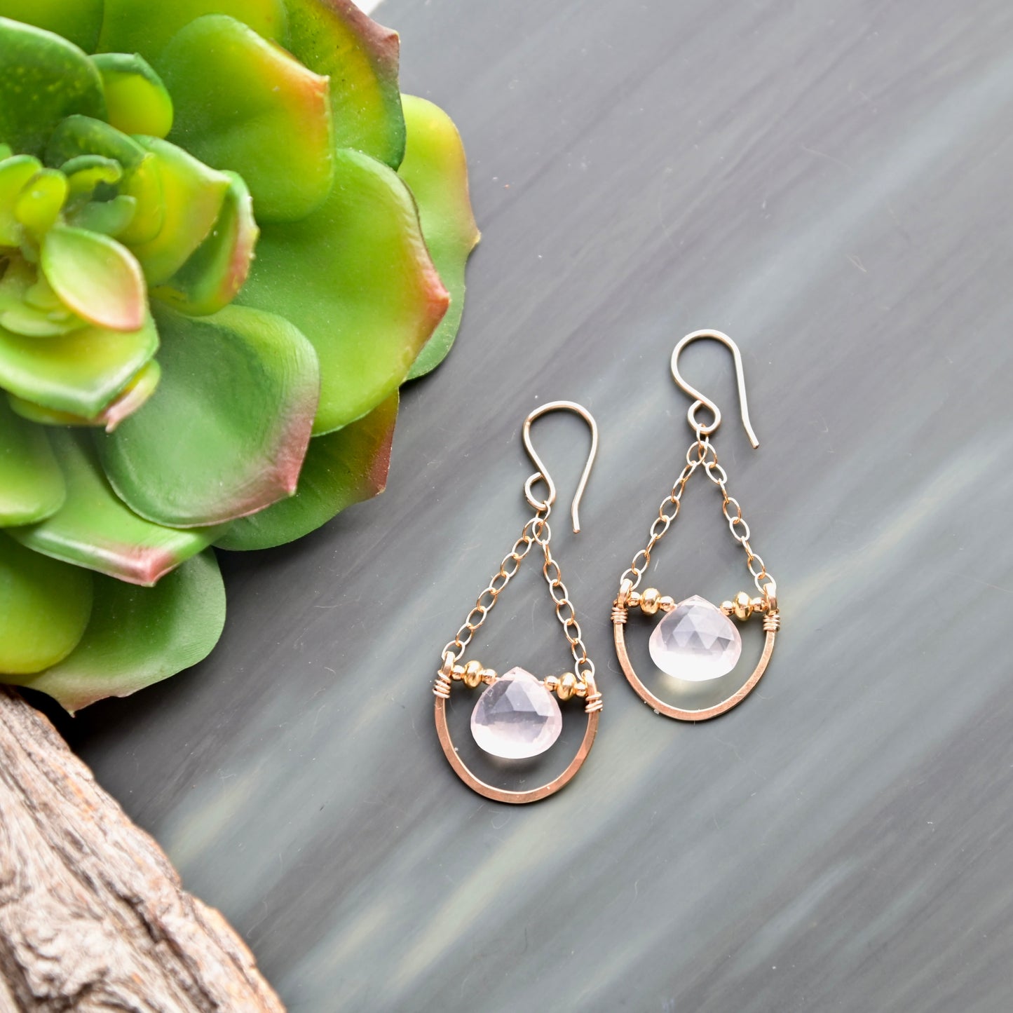 Hammered Hoops: Rose Quartz + Gold Earrings