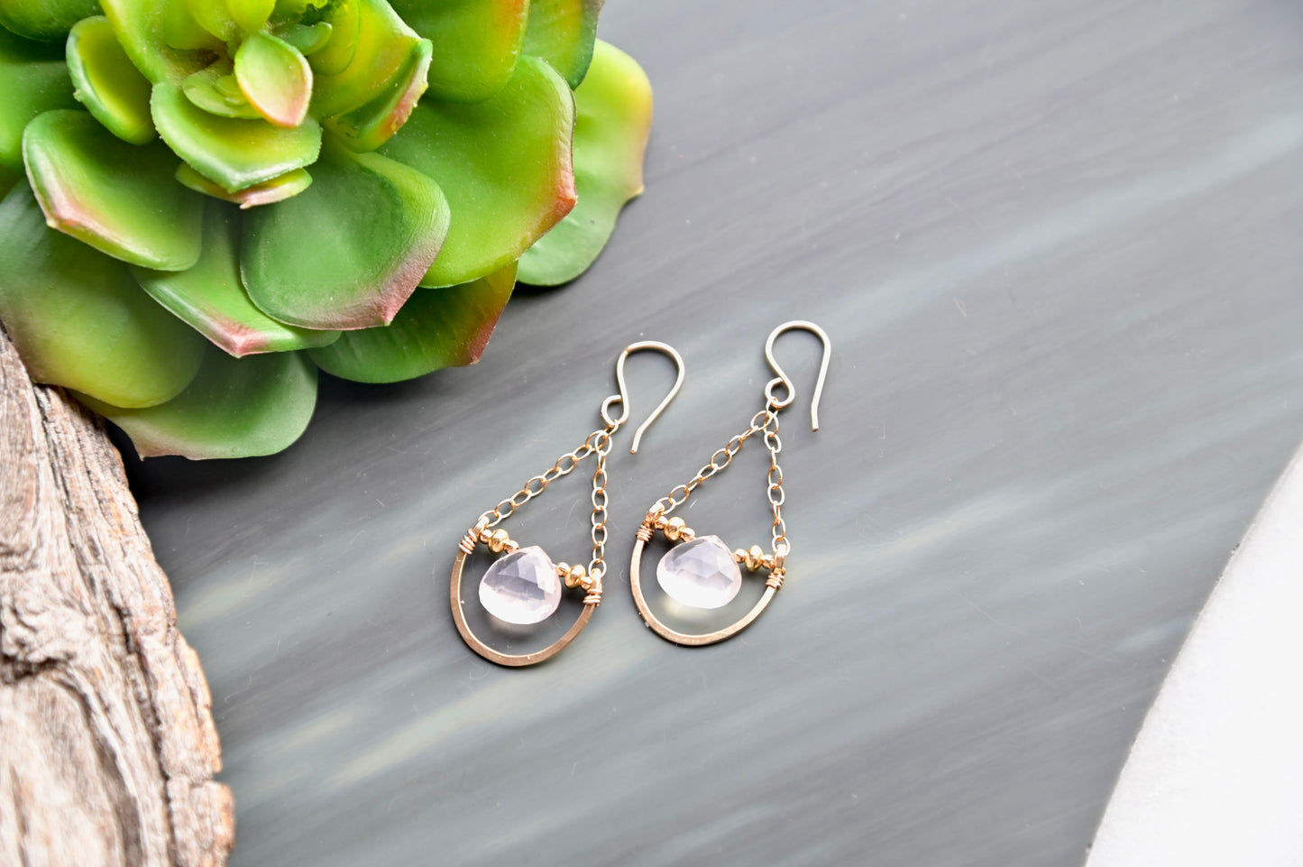 Hammered Hoops: Rose Quartz + Gold Earrings