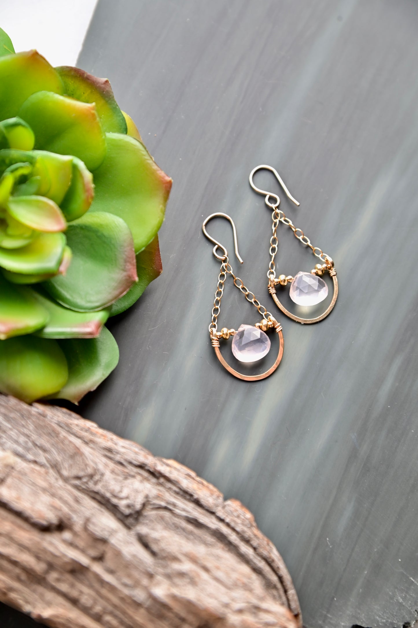 Hammered Hoops: Rose Quartz + Gold Earrings