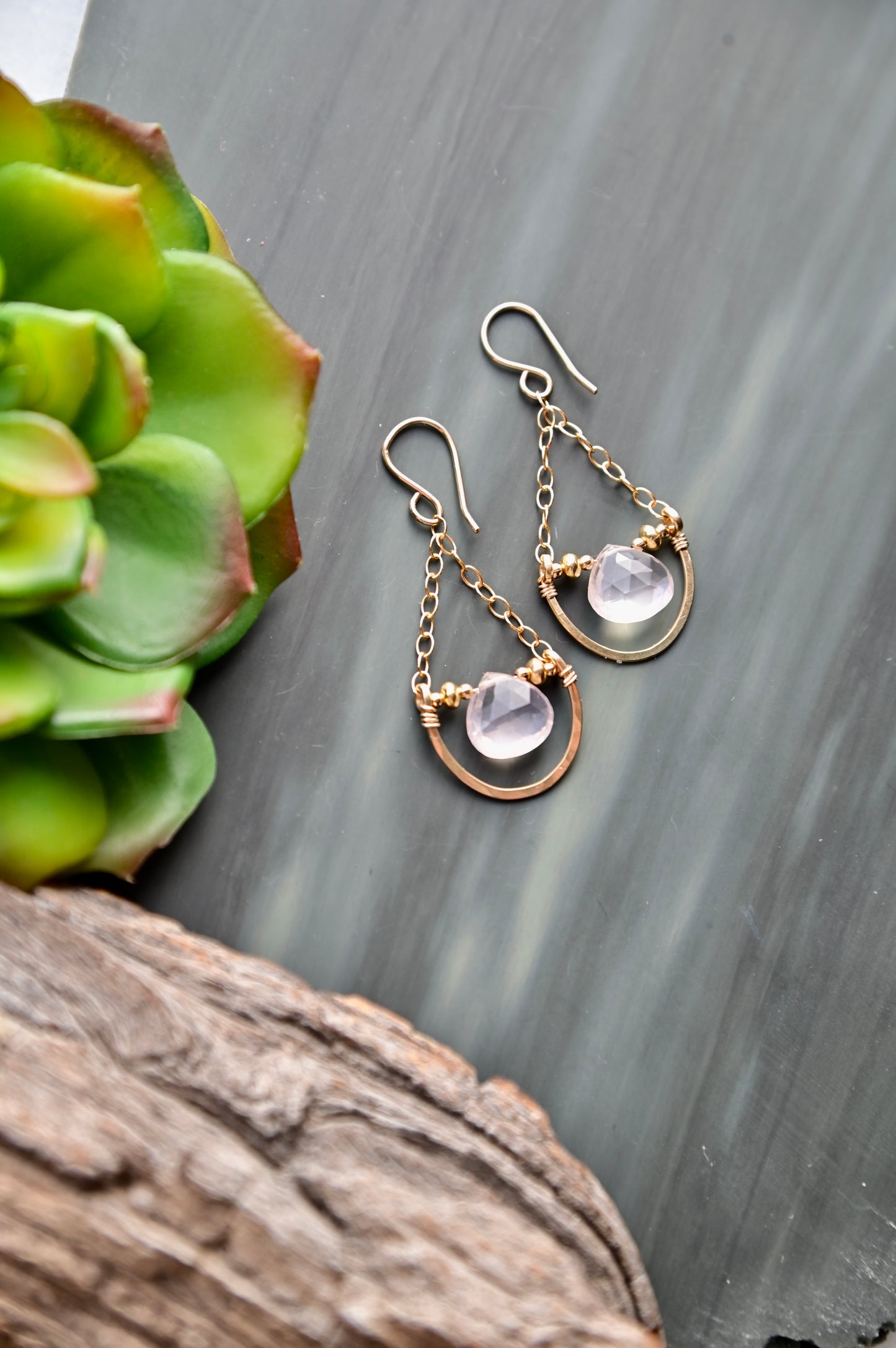 Hammered Hoops: Rose Quartz + Gold Earrings