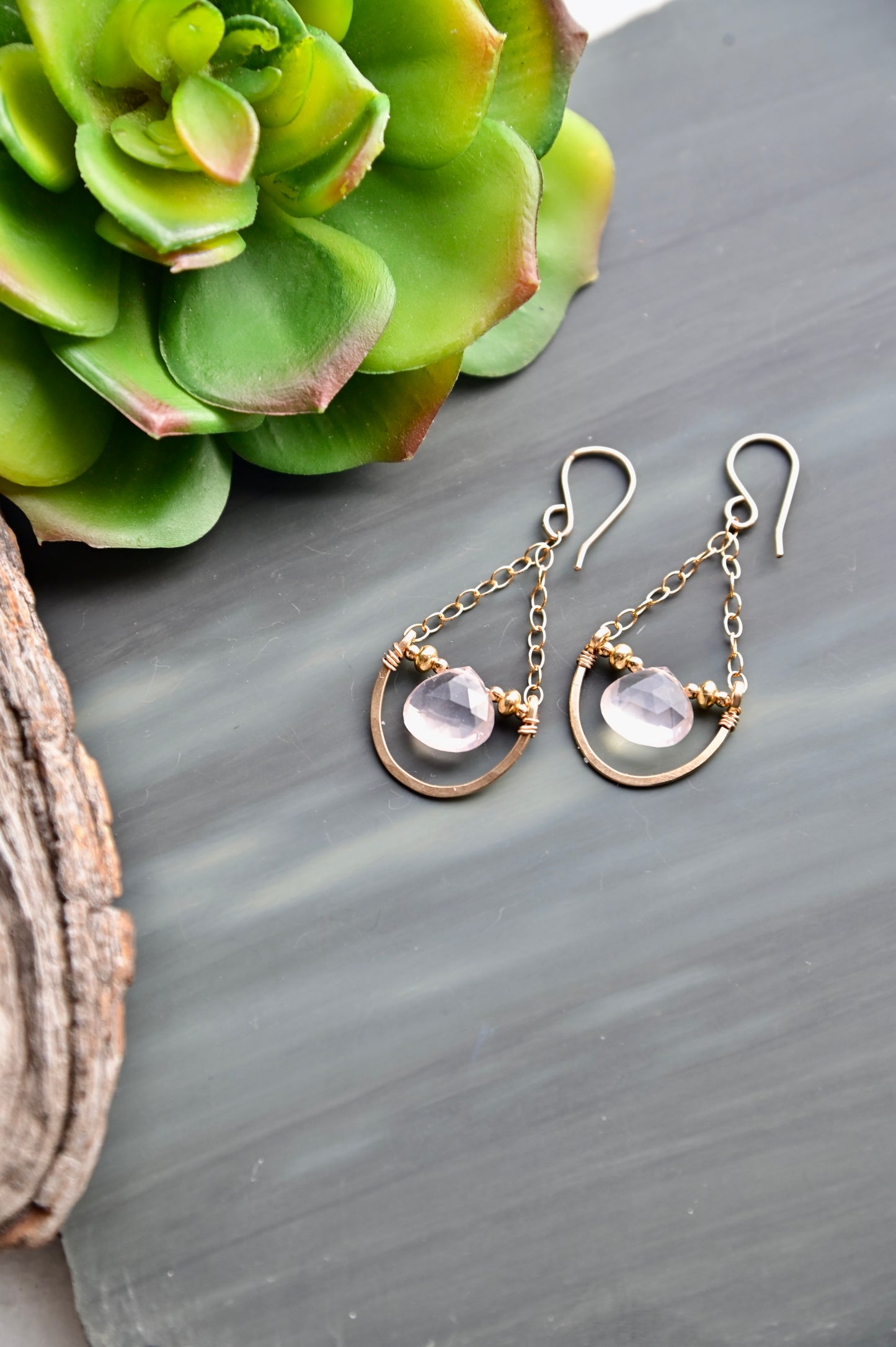 Hammered Hoops: Rose Quartz + Gold Earrings