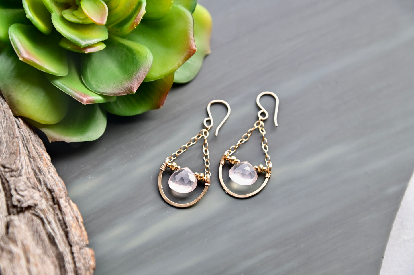 Hammered Hoops: Rose Quartz + Gold Earrings