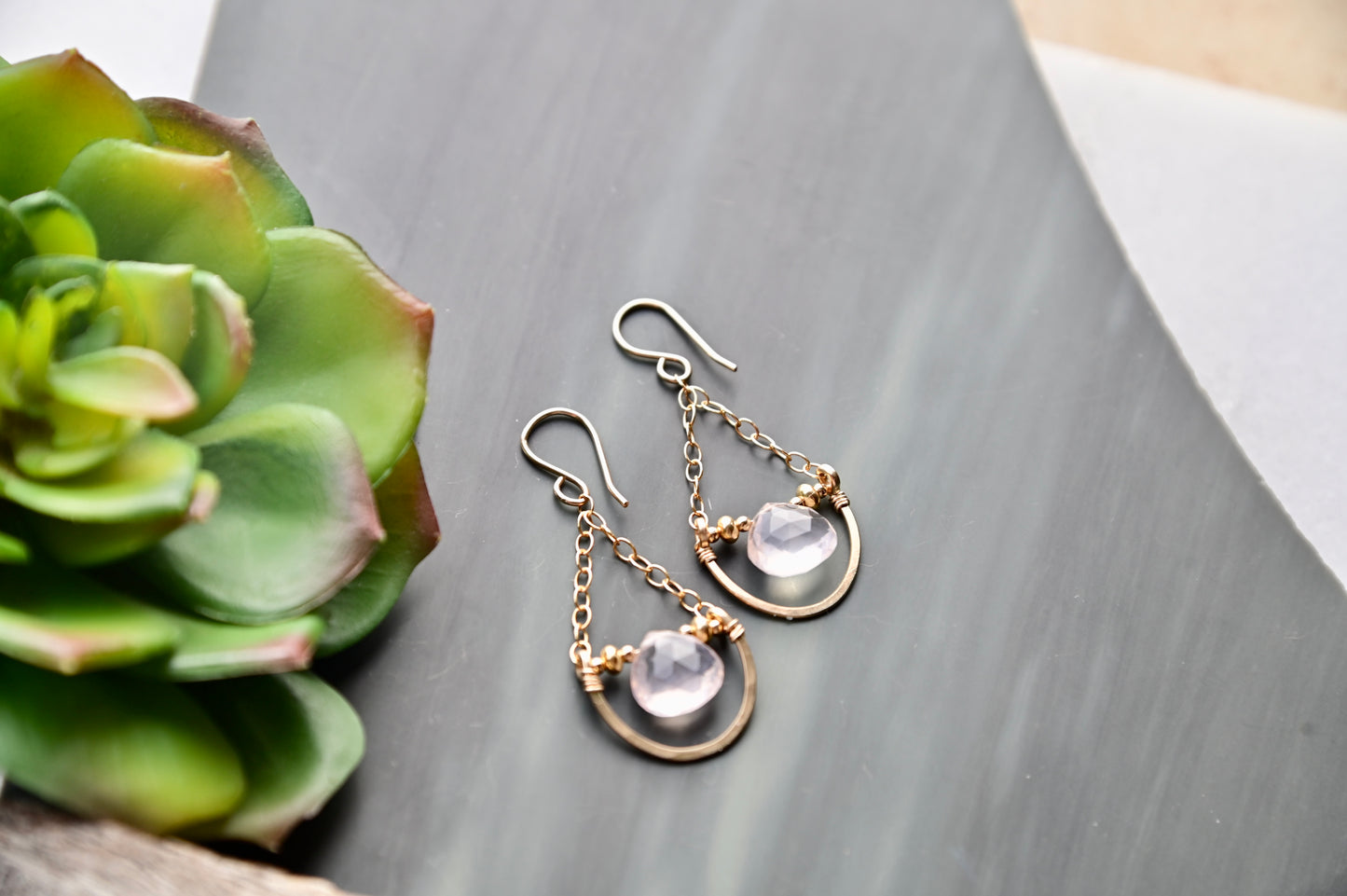 Hammered Hoops: Rose Quartz + Gold Earrings