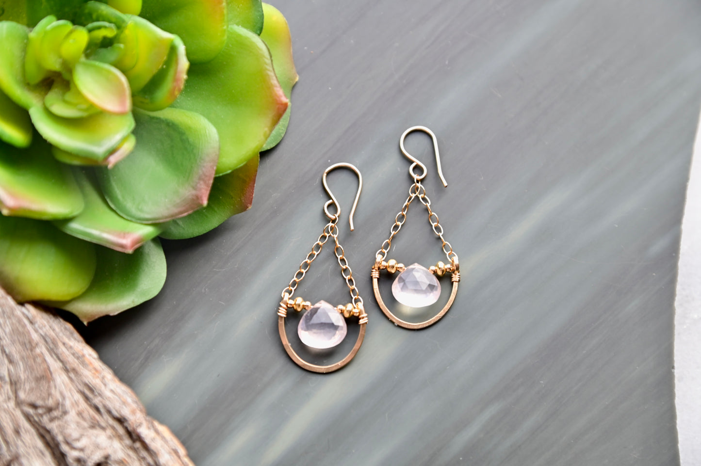 Hammered Hoops: Rose Quartz + Gold Earrings