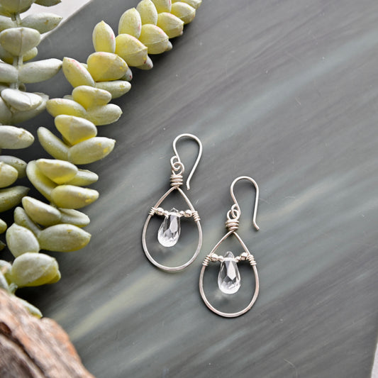 Hammered Hoops: Quartz Crystal + Silver Earrings