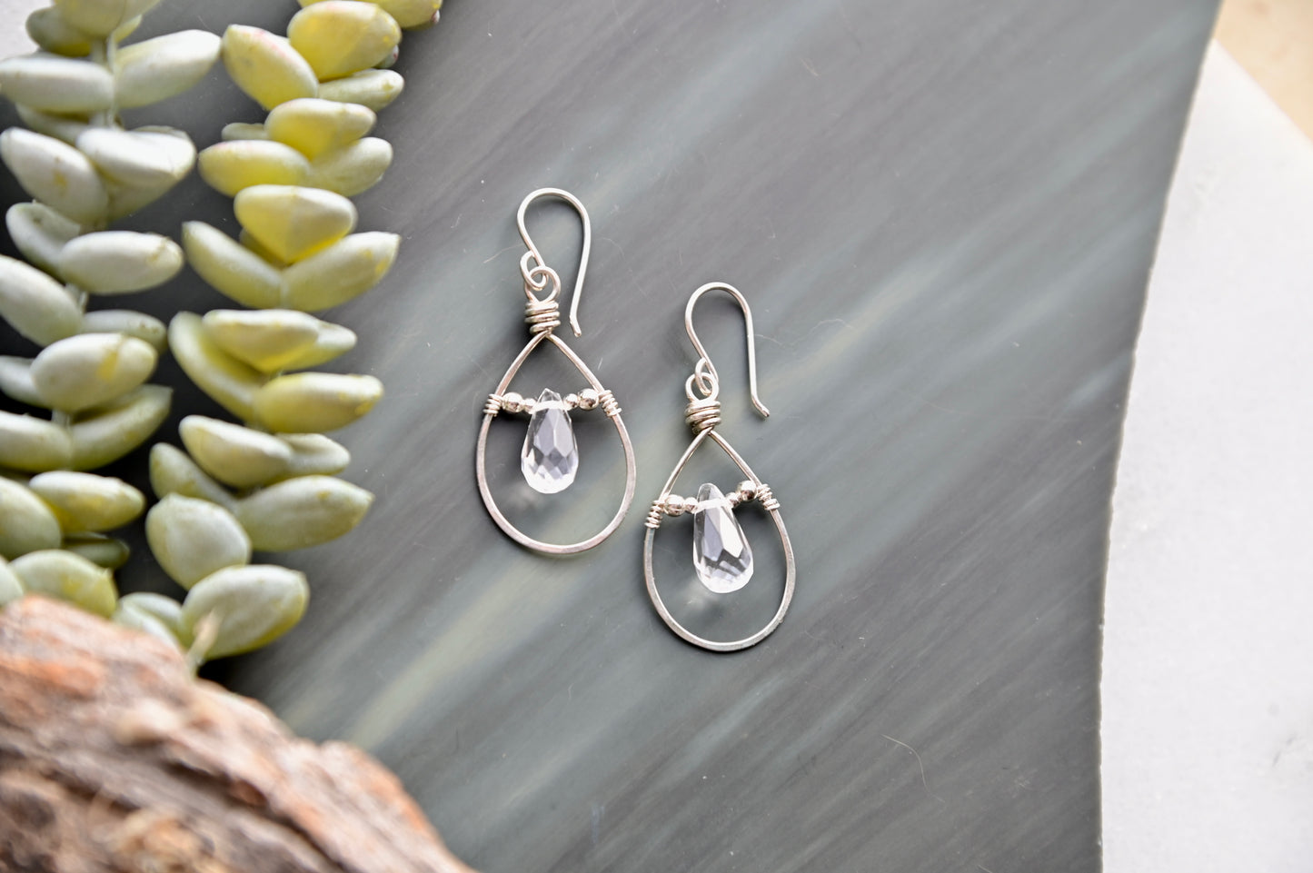 Hammered Hoops: Quartz Crystal + Silver Earrings