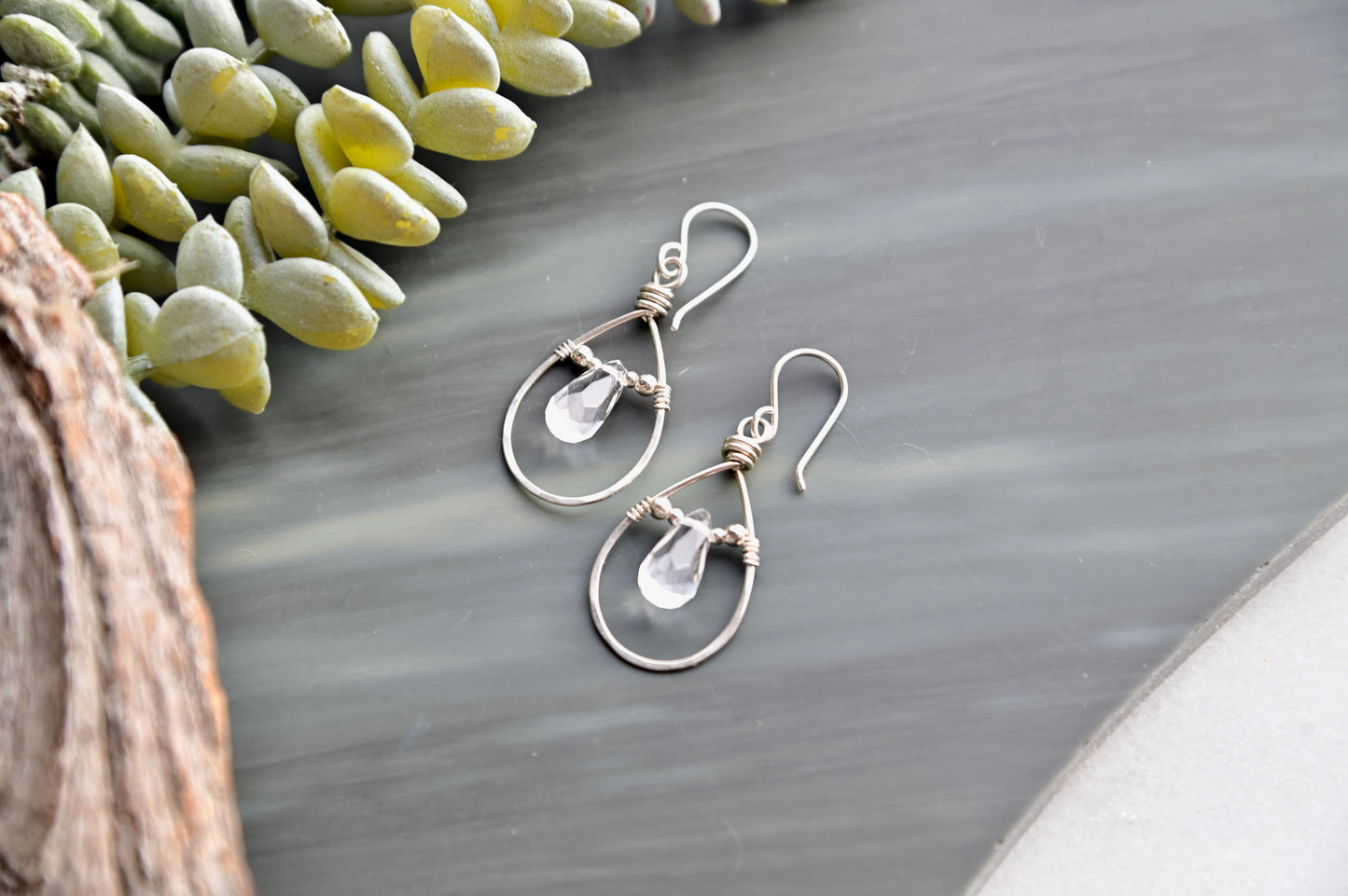 Hammered Hoops: Quartz Crystal + Silver Earrings