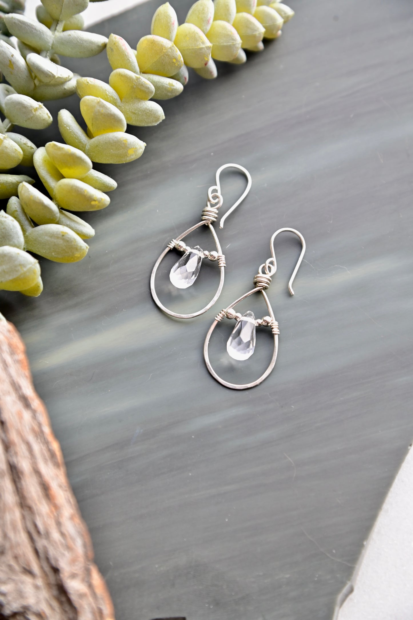 Hammered Hoops: Quartz Crystal + Silver Earrings