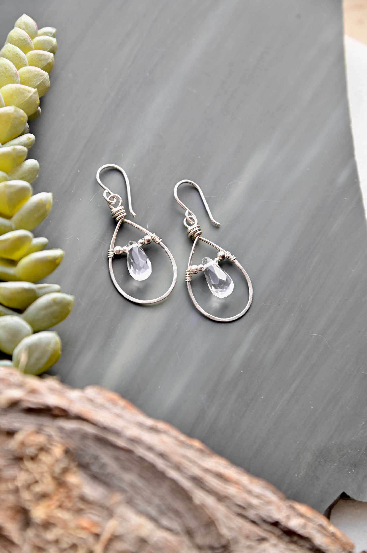 Hammered Hoops: Quartz Crystal + Silver Earrings