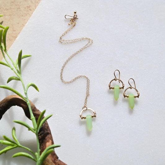 Hammerer Hoops: Green Chalcedony + Gold Necklace & Earrings