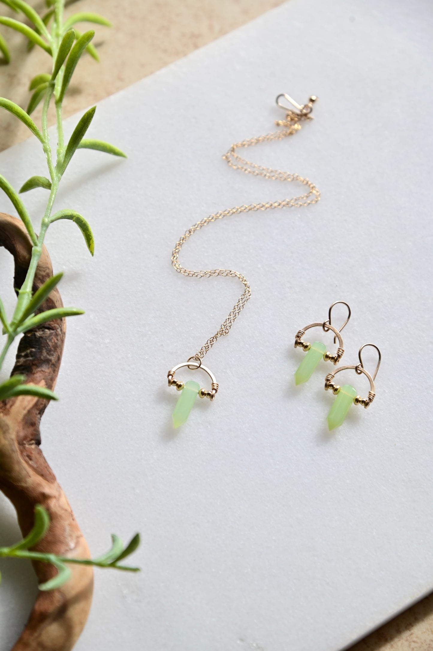 Hammerer Hoops: Green Chalcedony + Gold Necklace & Earrings