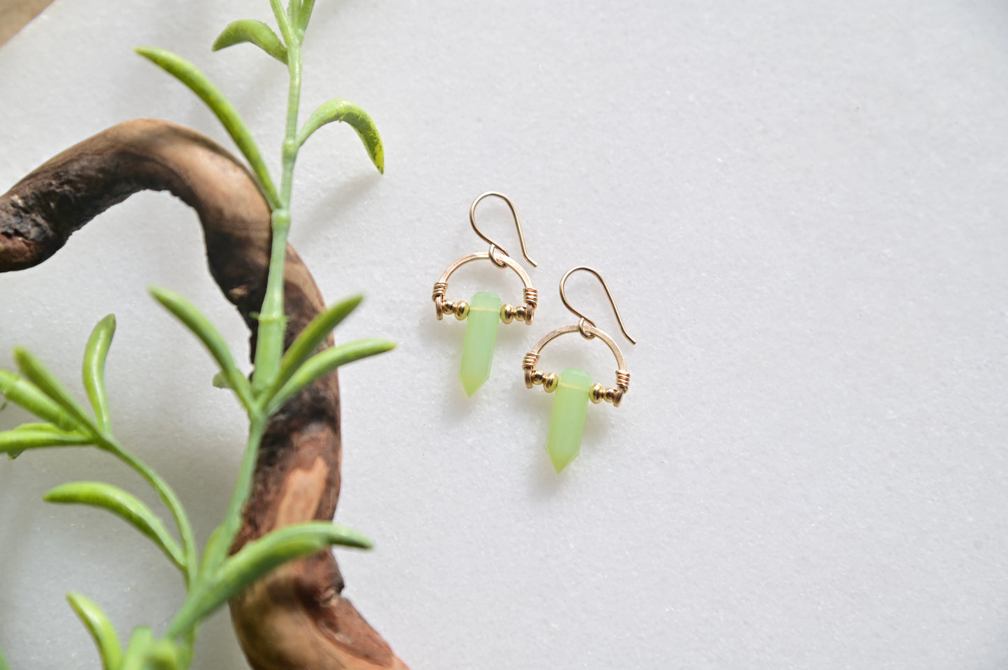 Hammerer Hoops: Green Chalcedony + Gold Necklace & Earrings