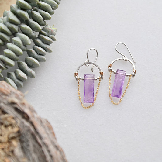 Hammered Hoops: Amethyst Mixed Metal Earrings