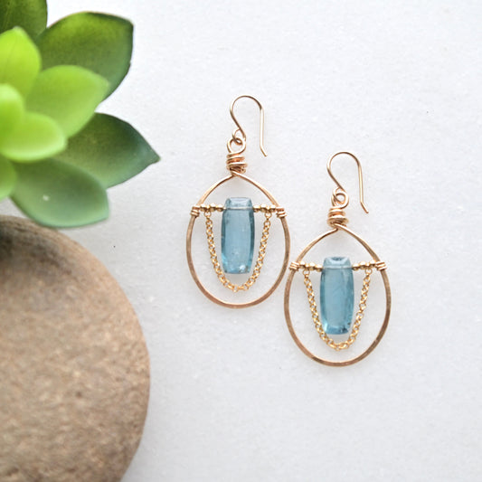 Hammered Hoops: Blue Kyanite + Gold Earrings