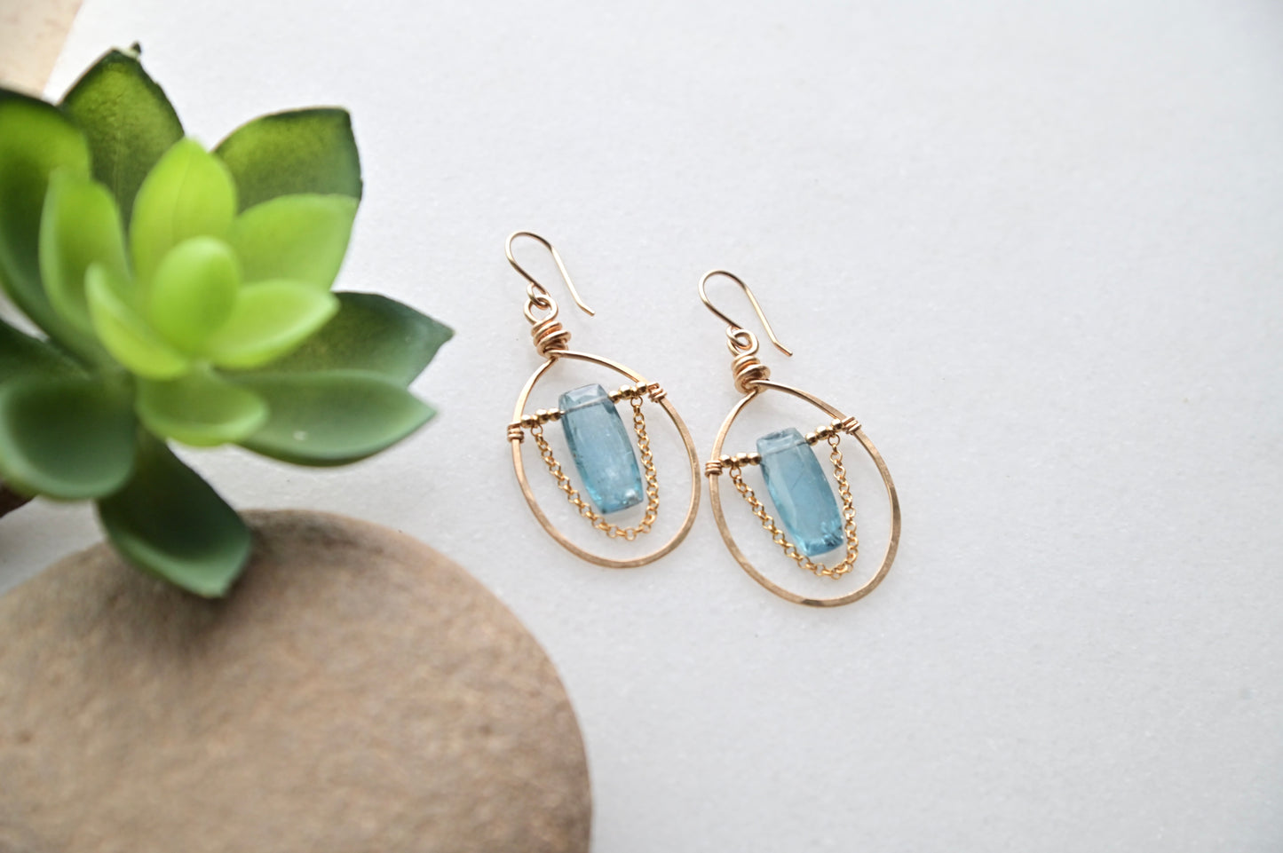 Hammered Hoops: Blue Kyanite + Gold Earrings