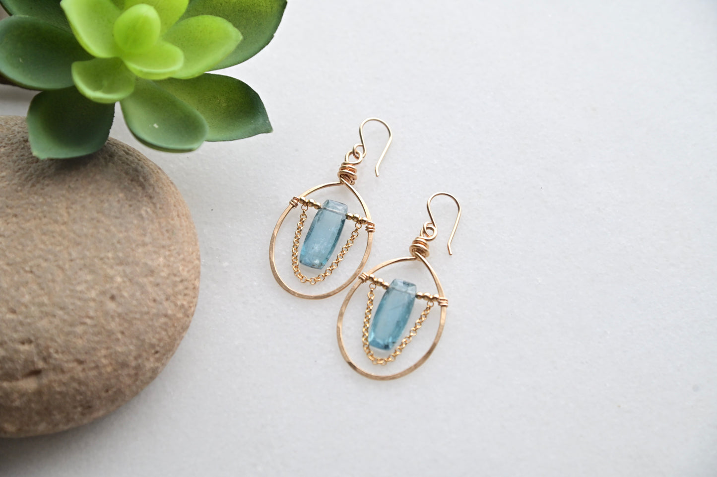 Hammered Hoops: Blue Kyanite + Gold Earrings