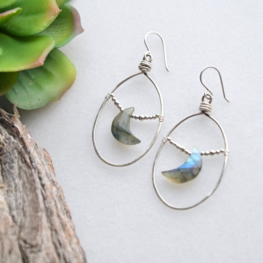 Hammered Hoops: Labradorite + Silver Earrings