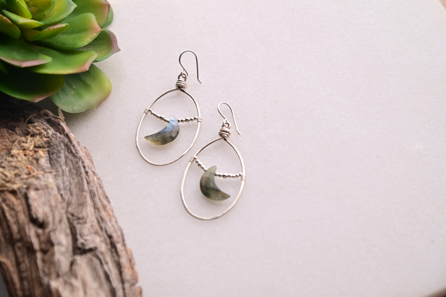 Hammered Hoops: Labradorite + Silver Earrings