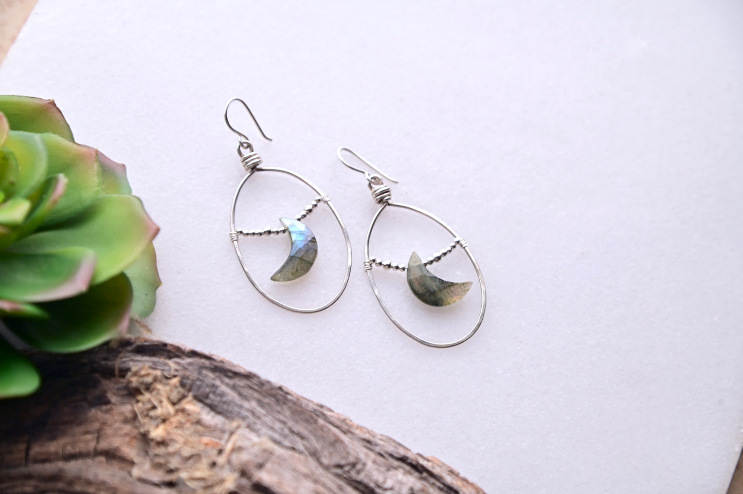 Hammered Hoops: Labradorite + Silver Earrings