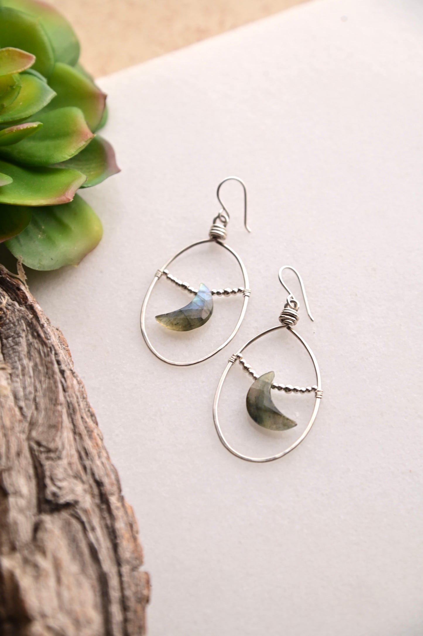 Hammered Hoops: Labradorite + Silver Earrings