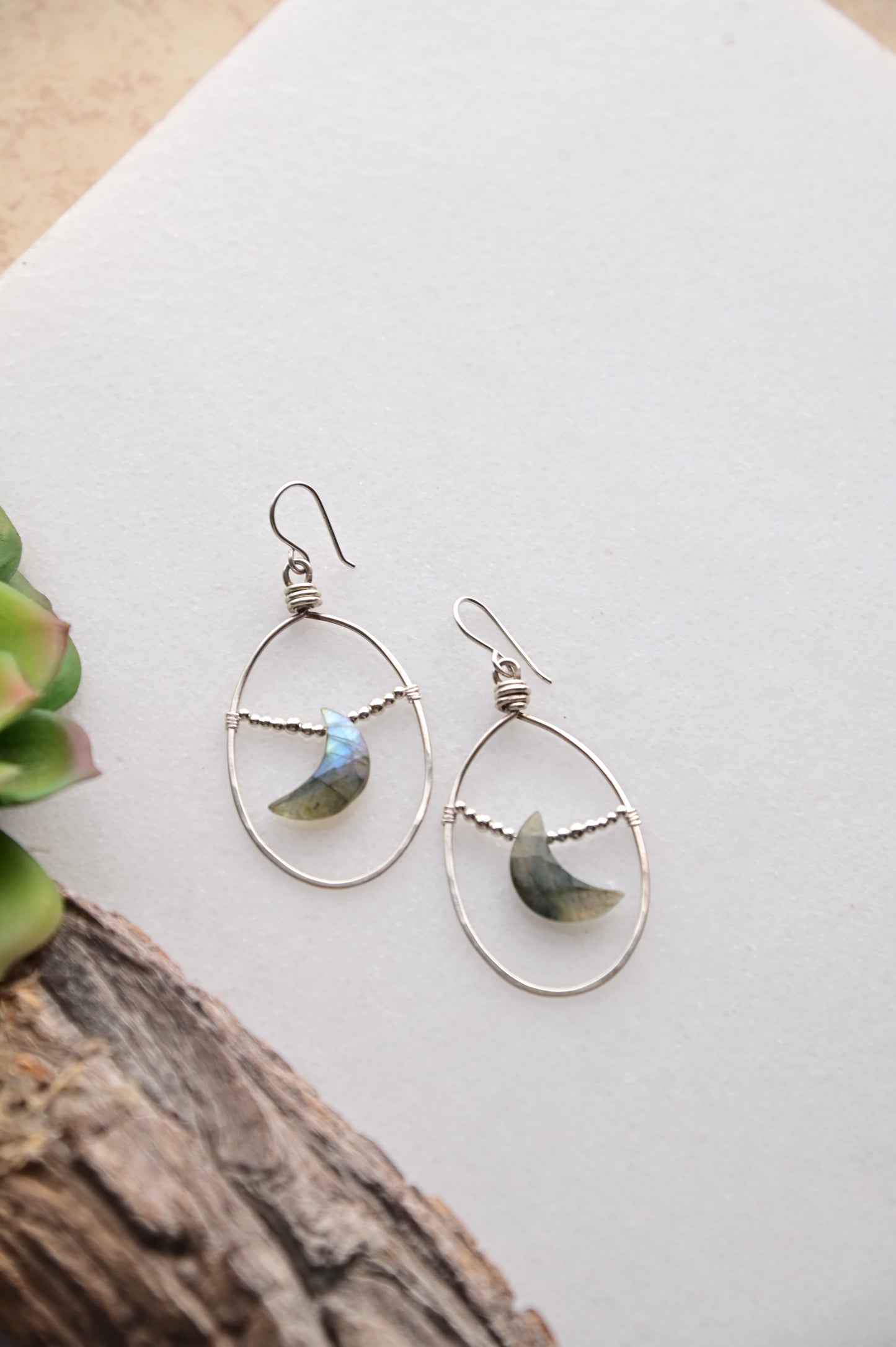 Hammered Hoops: Labradorite + Silver Earrings