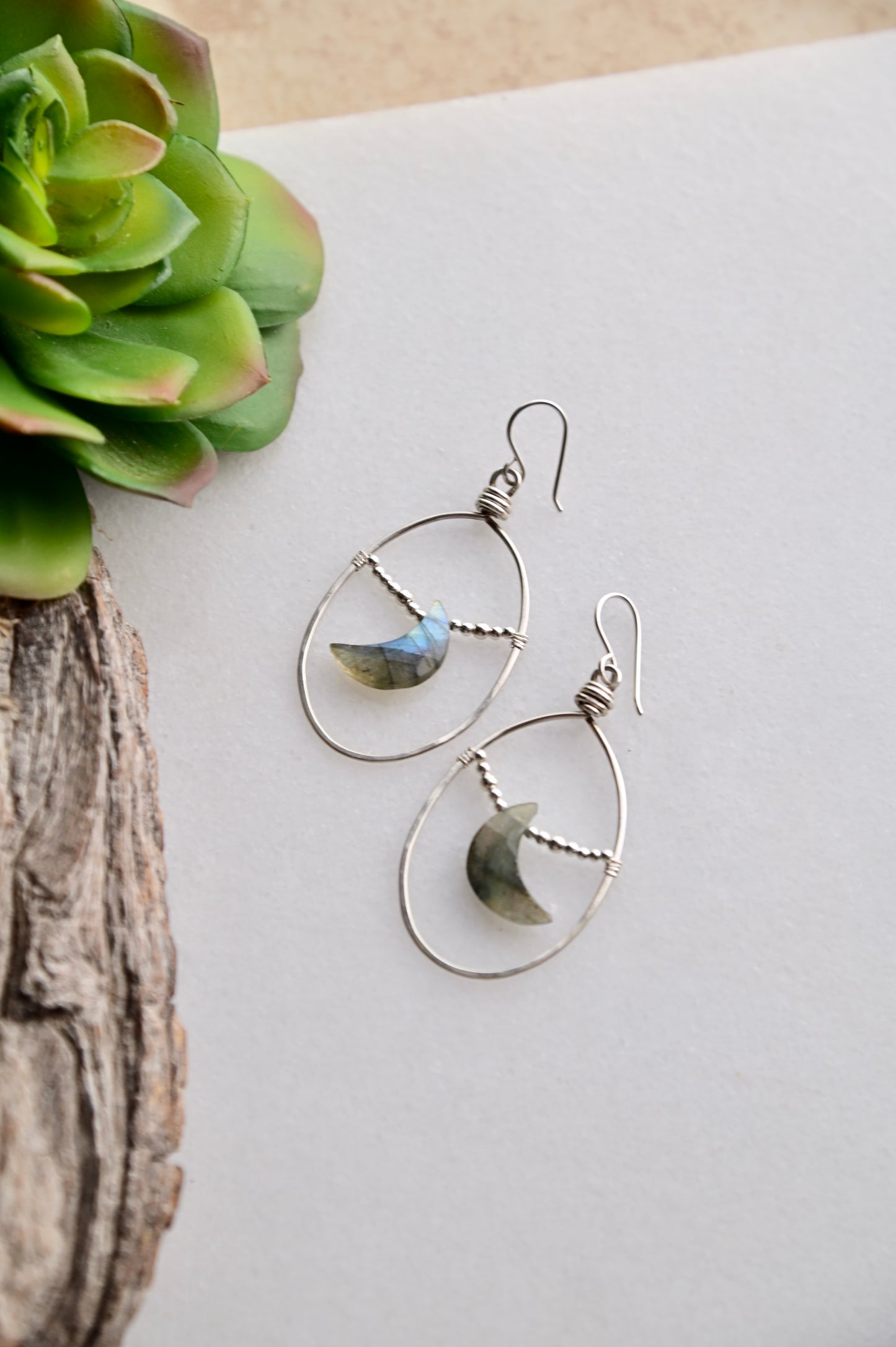 Hammered Hoops: Labradorite + Silver Earrings