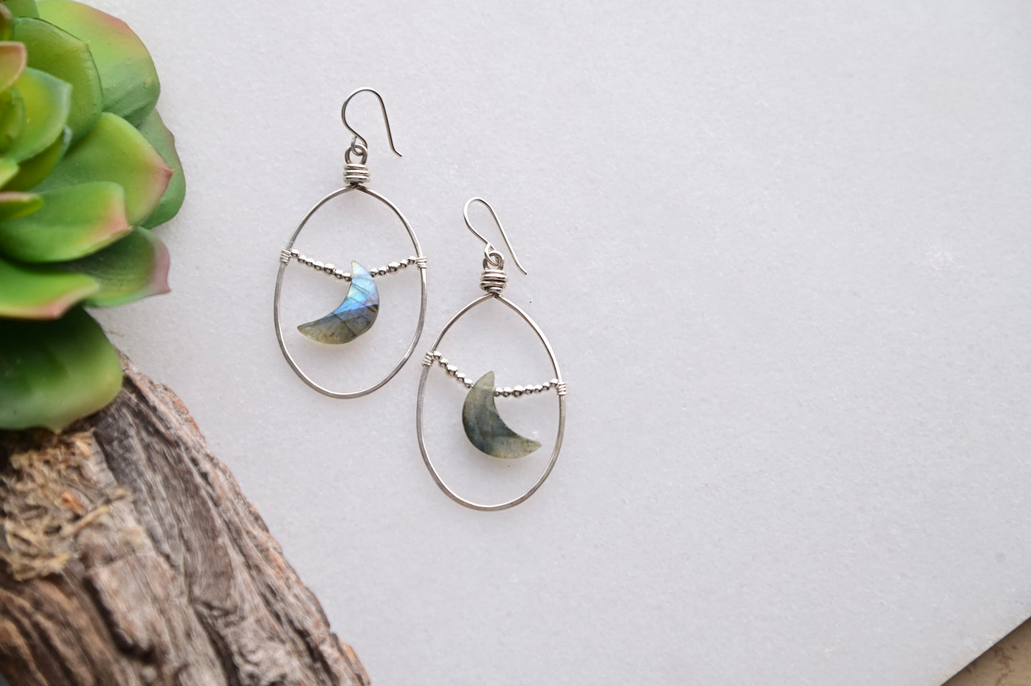 Hammered Hoops: Labradorite + Silver Earrings