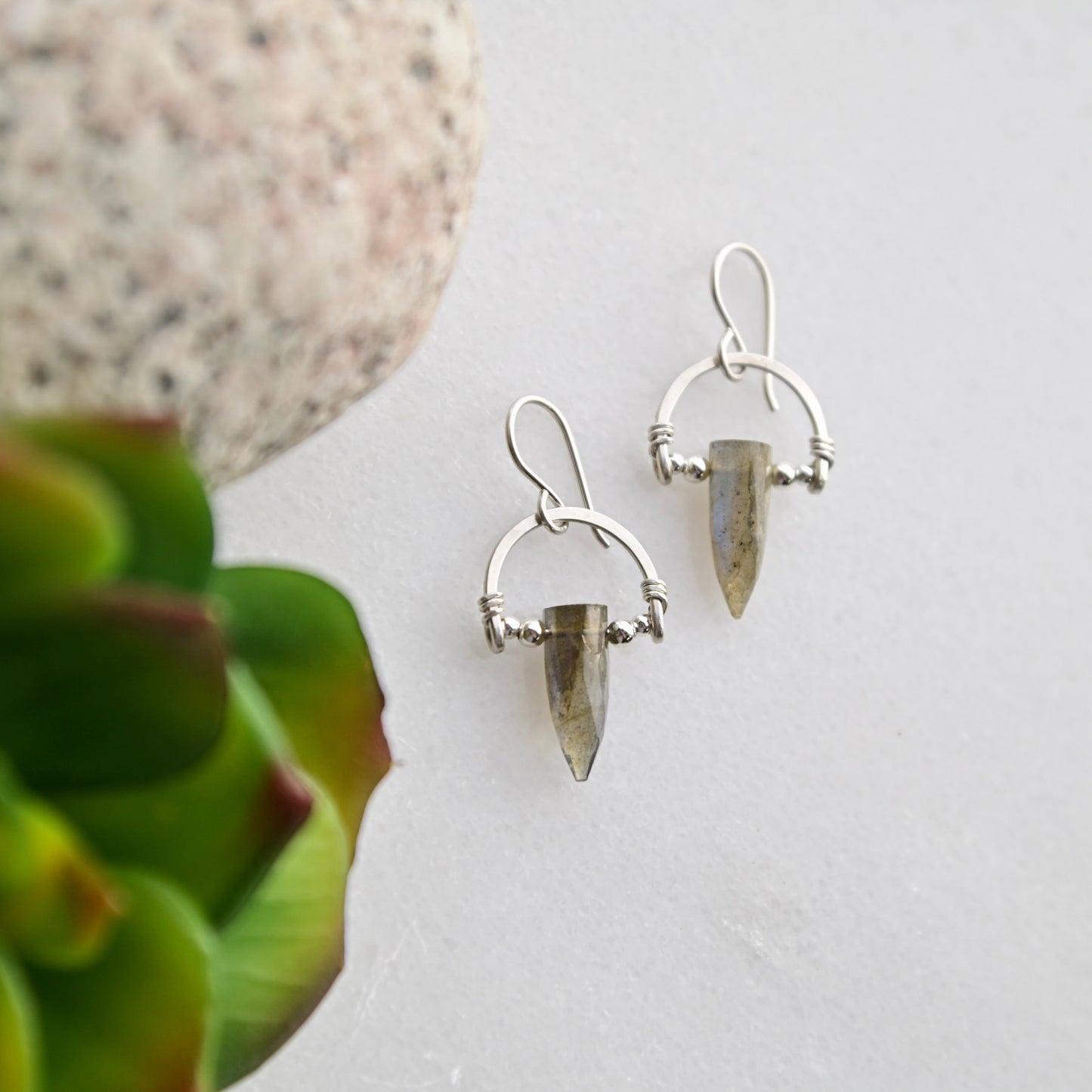 Hammered Hoops: Labradorite + Silver Earrings