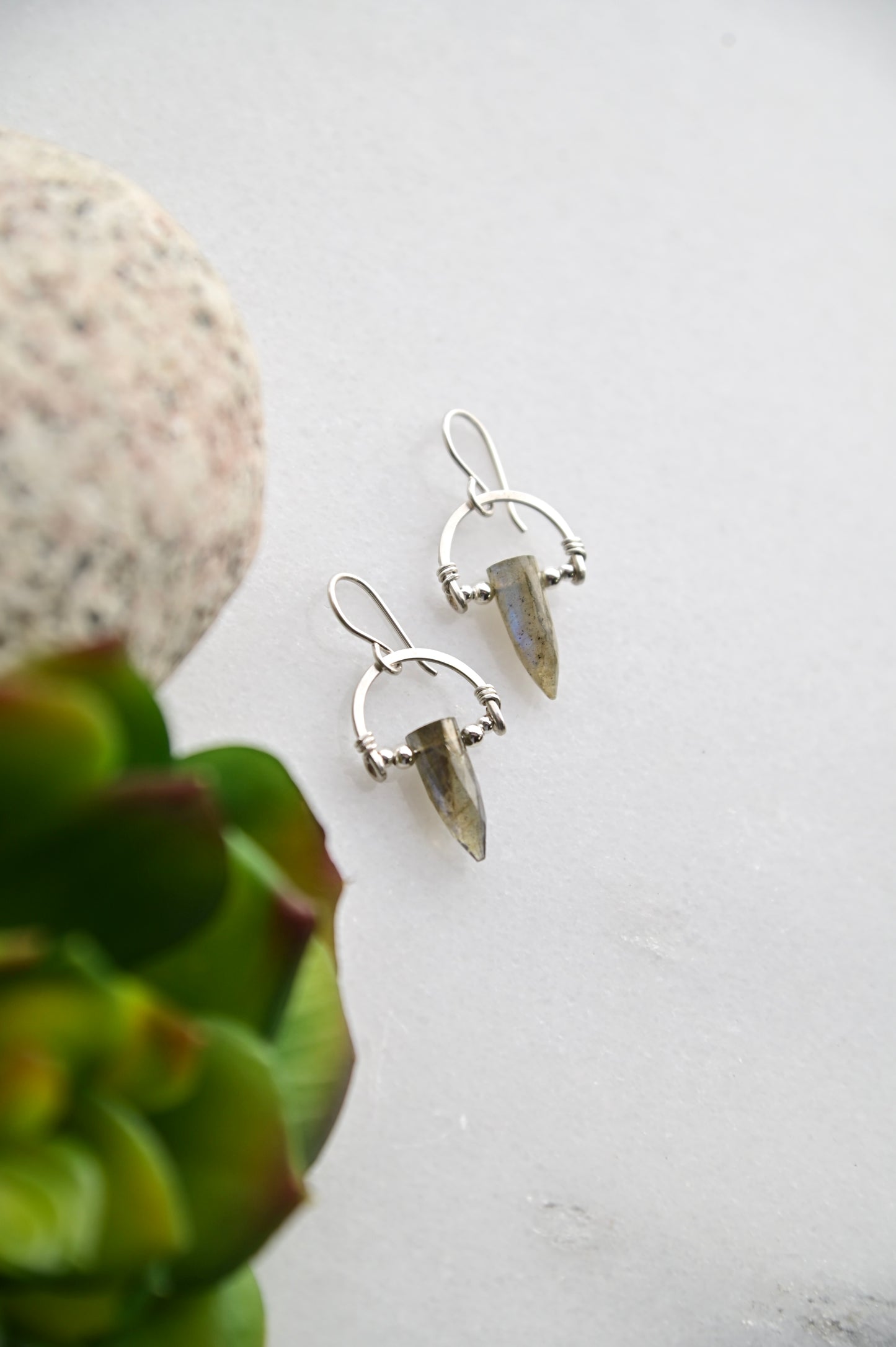 Hammered Hoops: Labradorite + Silver Earrings