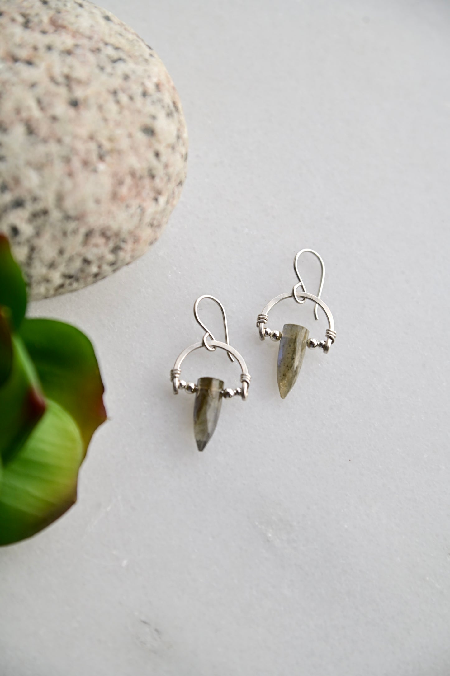 Hammered Hoops: Labradorite + Silver Earrings