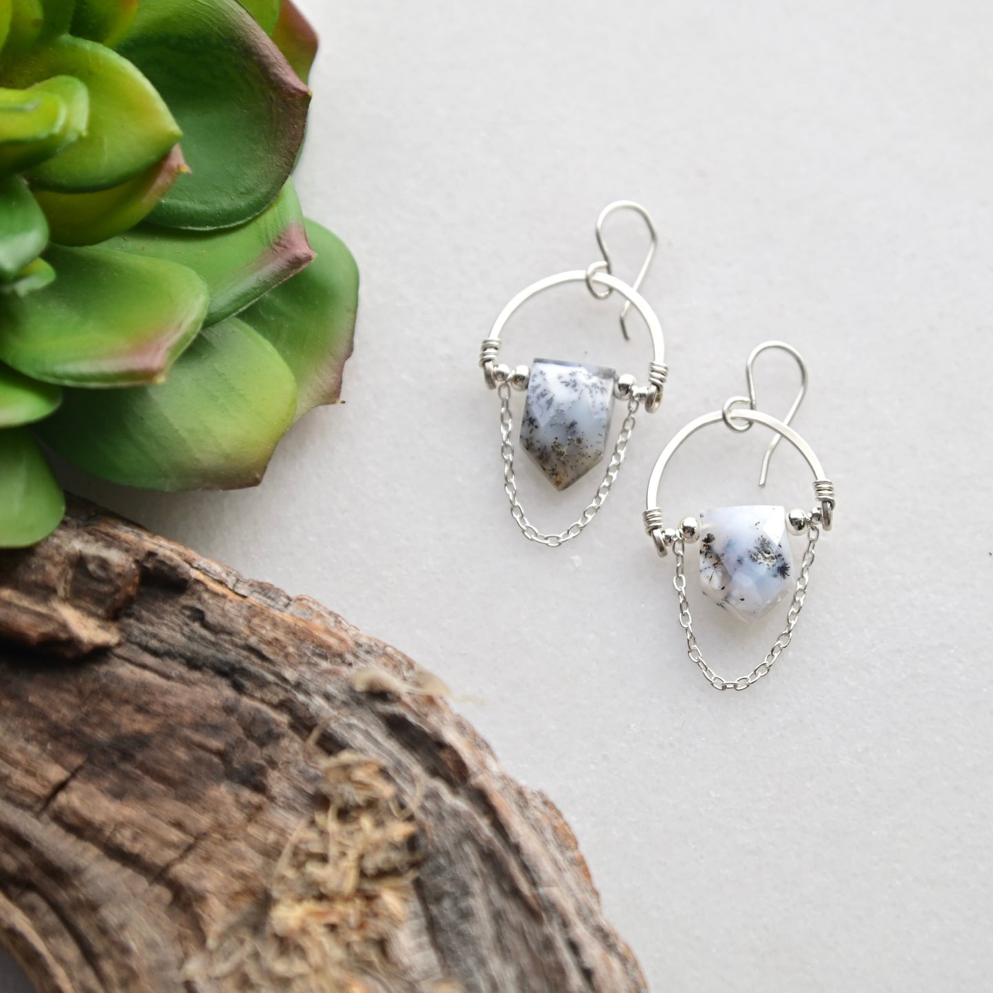 Hammered Hoops: Dendrite Opal + Silver Earrings