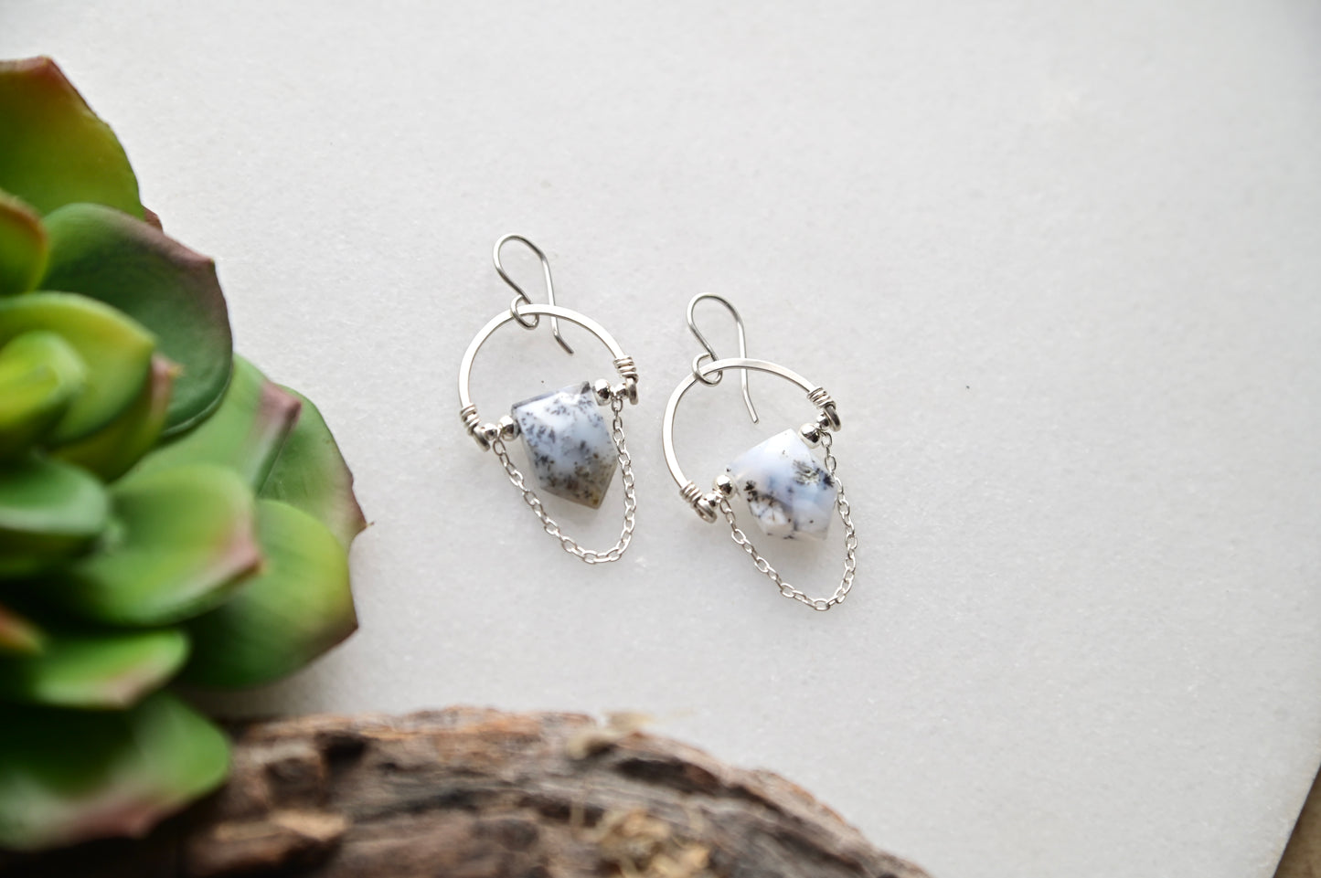 Hammered Hoops: Dendrite Opal + Silver Earrings