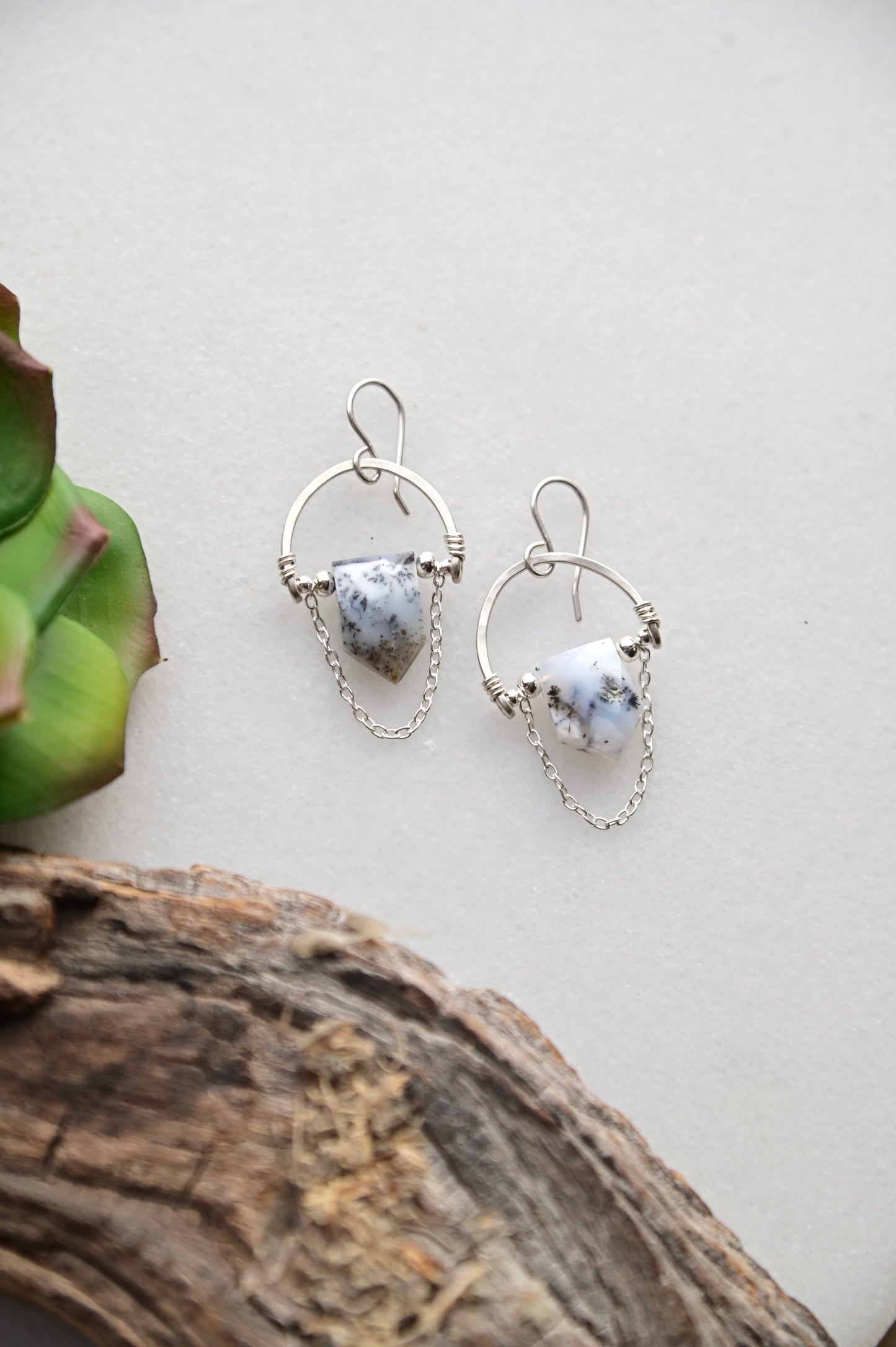 Hammered Hoops: Dendrite Opal + Silver Earrings