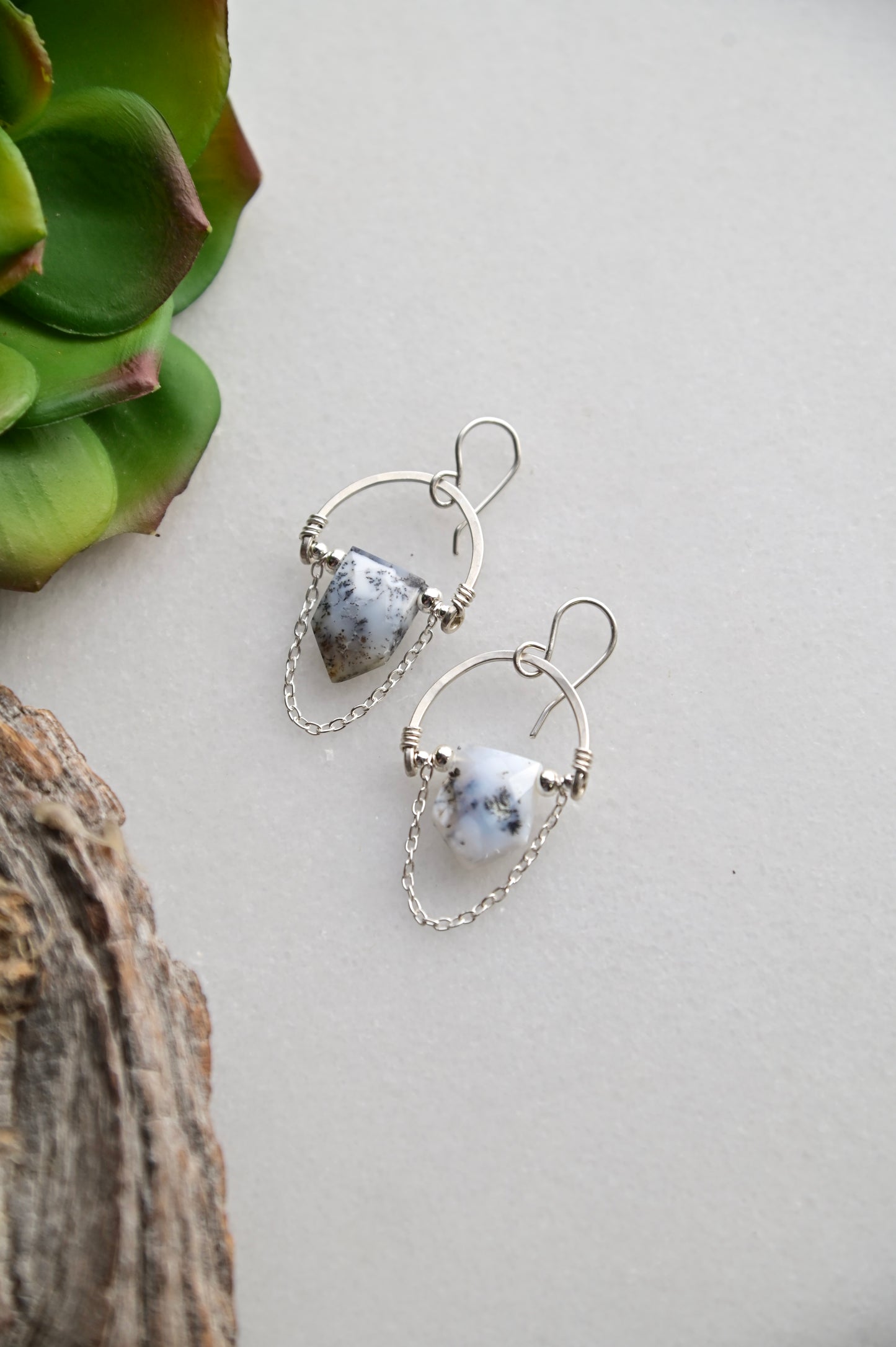 Hammered Hoops: Dendrite Opal + Silver Earrings