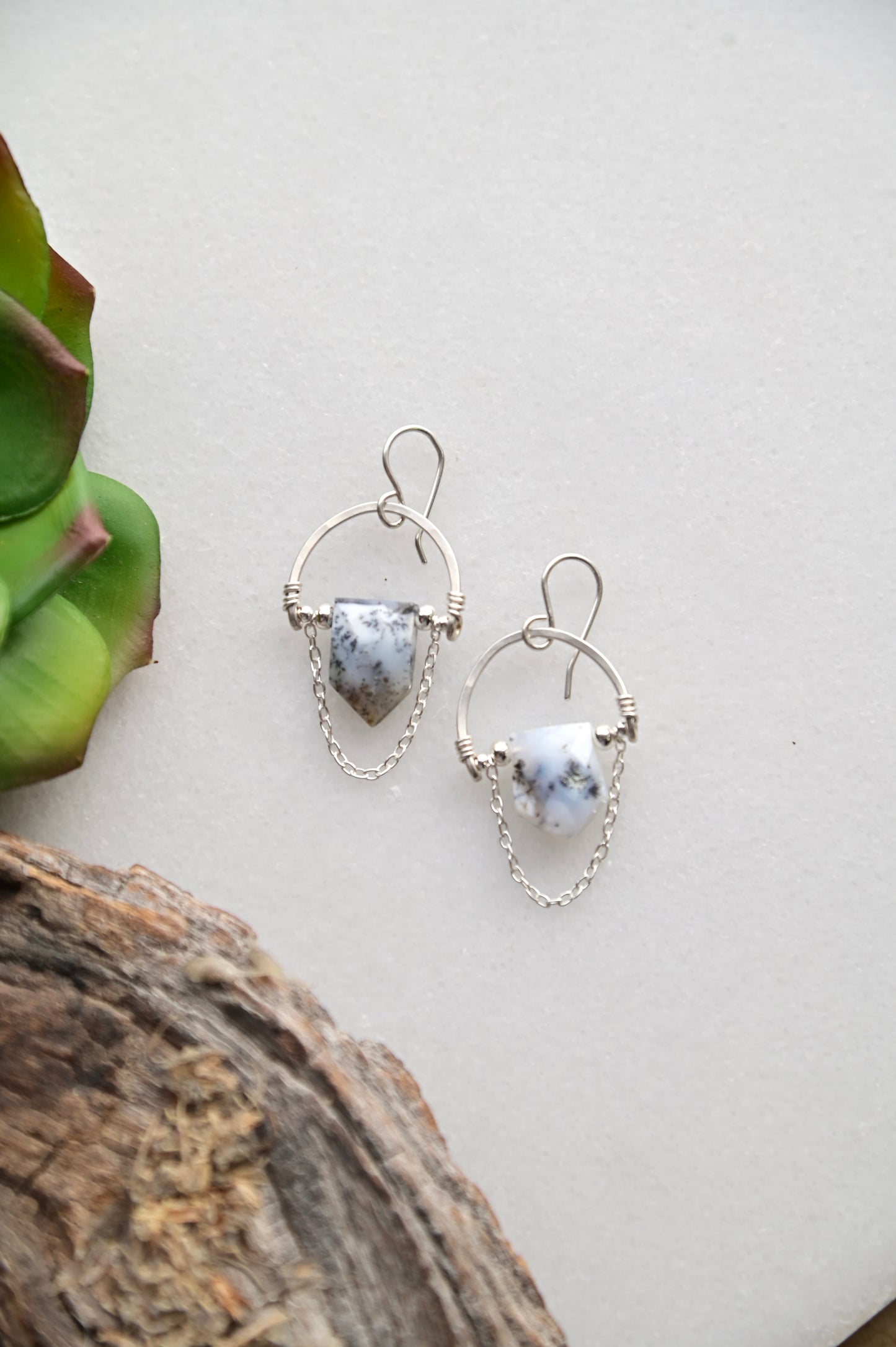 Hammered Hoops: Dendrite Opal + Silver Earrings