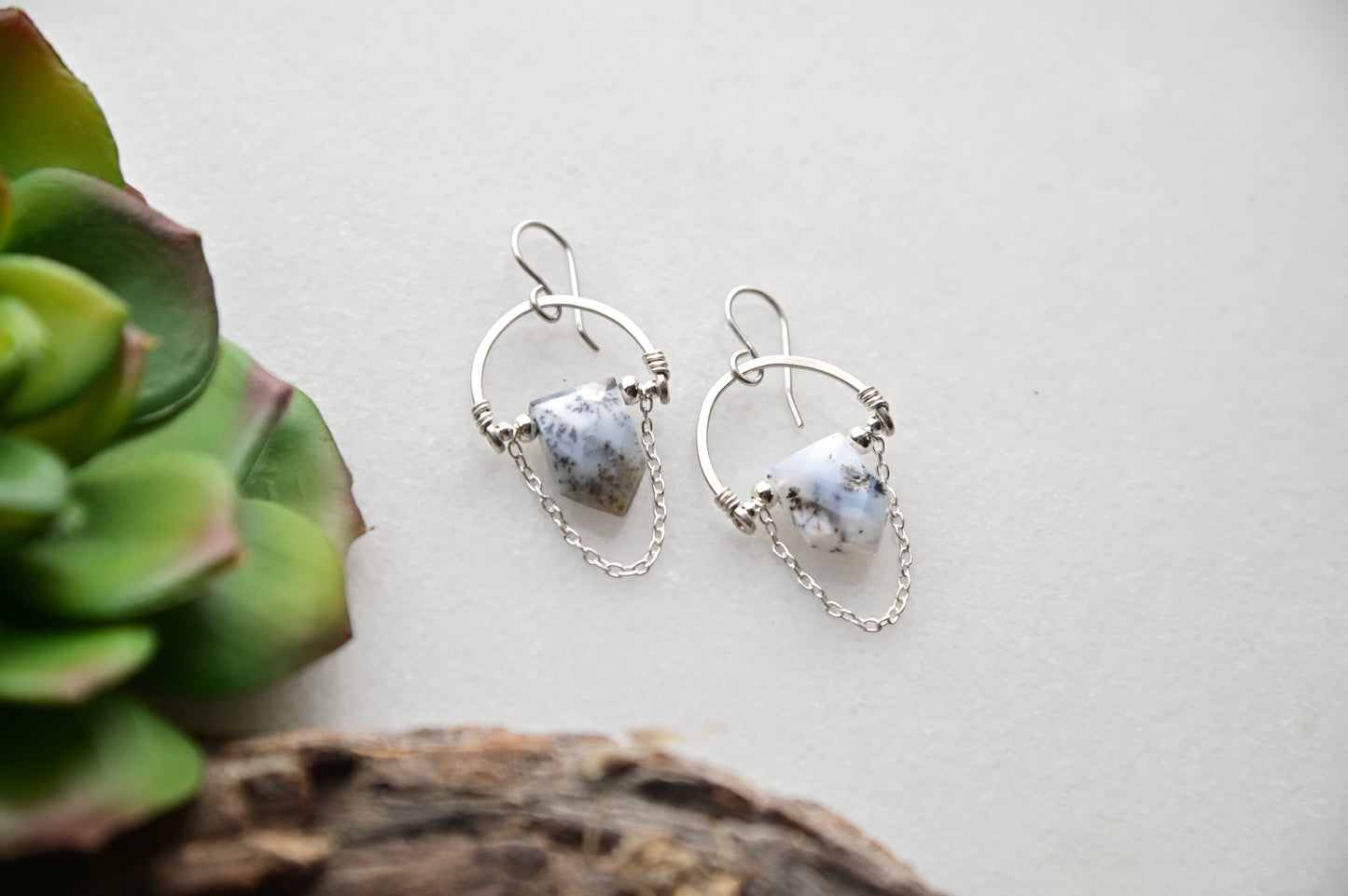 Hammered Hoops: Dendrite Opal + Silver Earrings