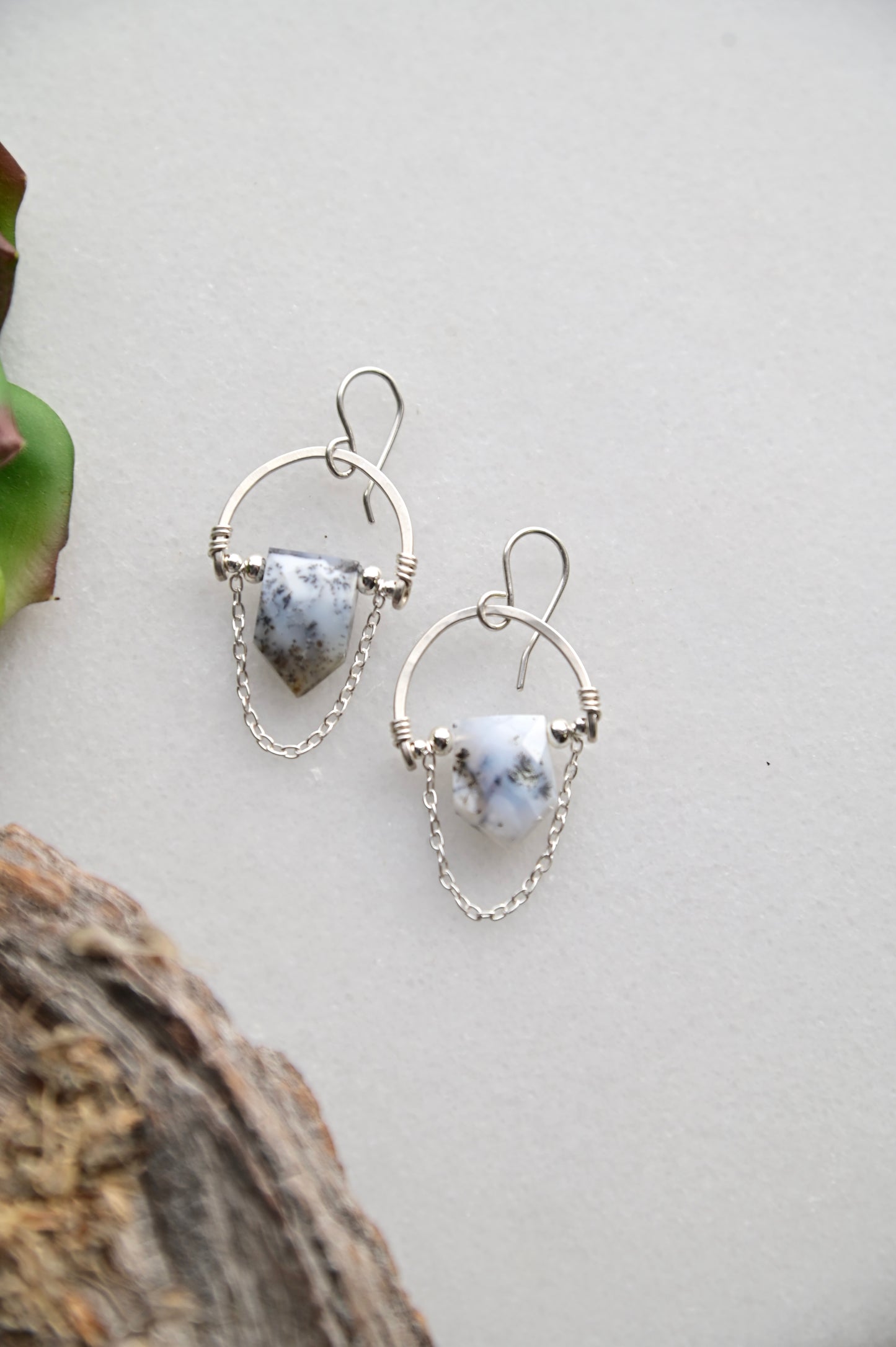 Hammered Hoops: Dendrite Opal + Silver Earrings