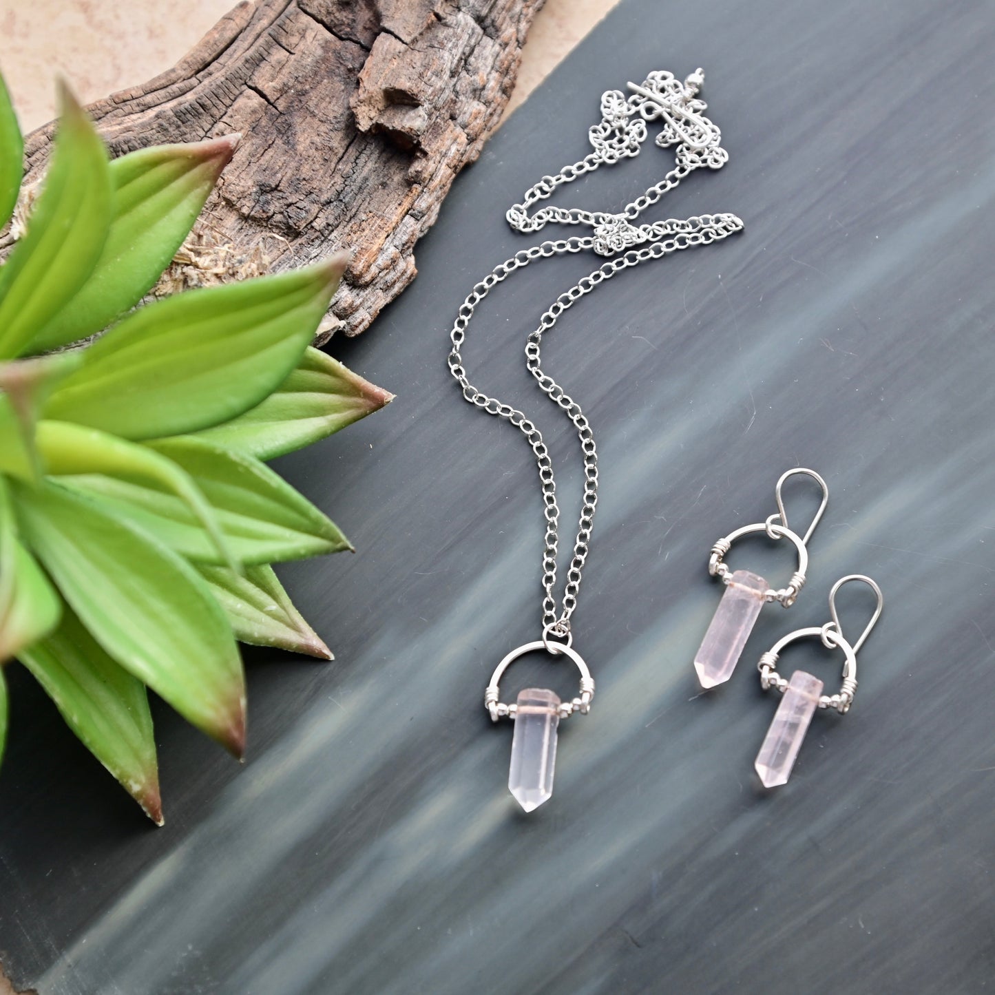 Hammered Hoops: Rose Quartz + Silver Necklace & Earrings