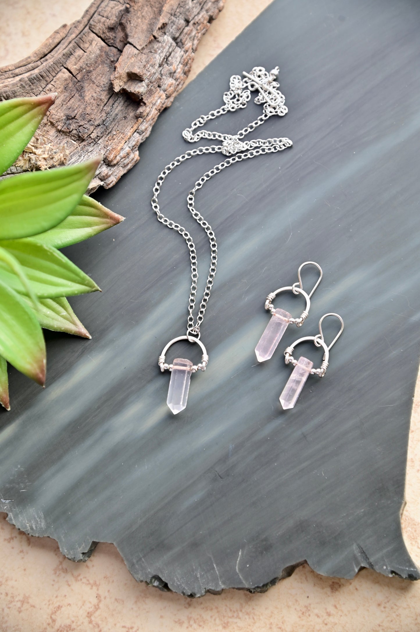 Hammered Hoops: Rose Quartz + Silver Necklace & Earrings