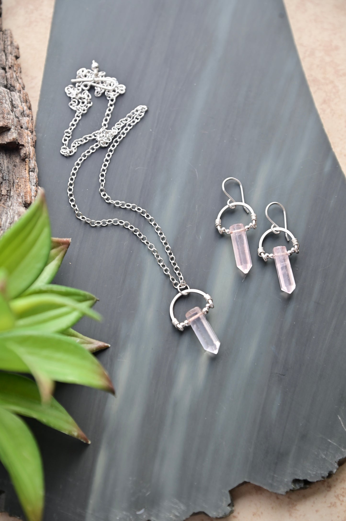 Hammered Hoops: Rose Quartz + Silver Necklace & Earrings