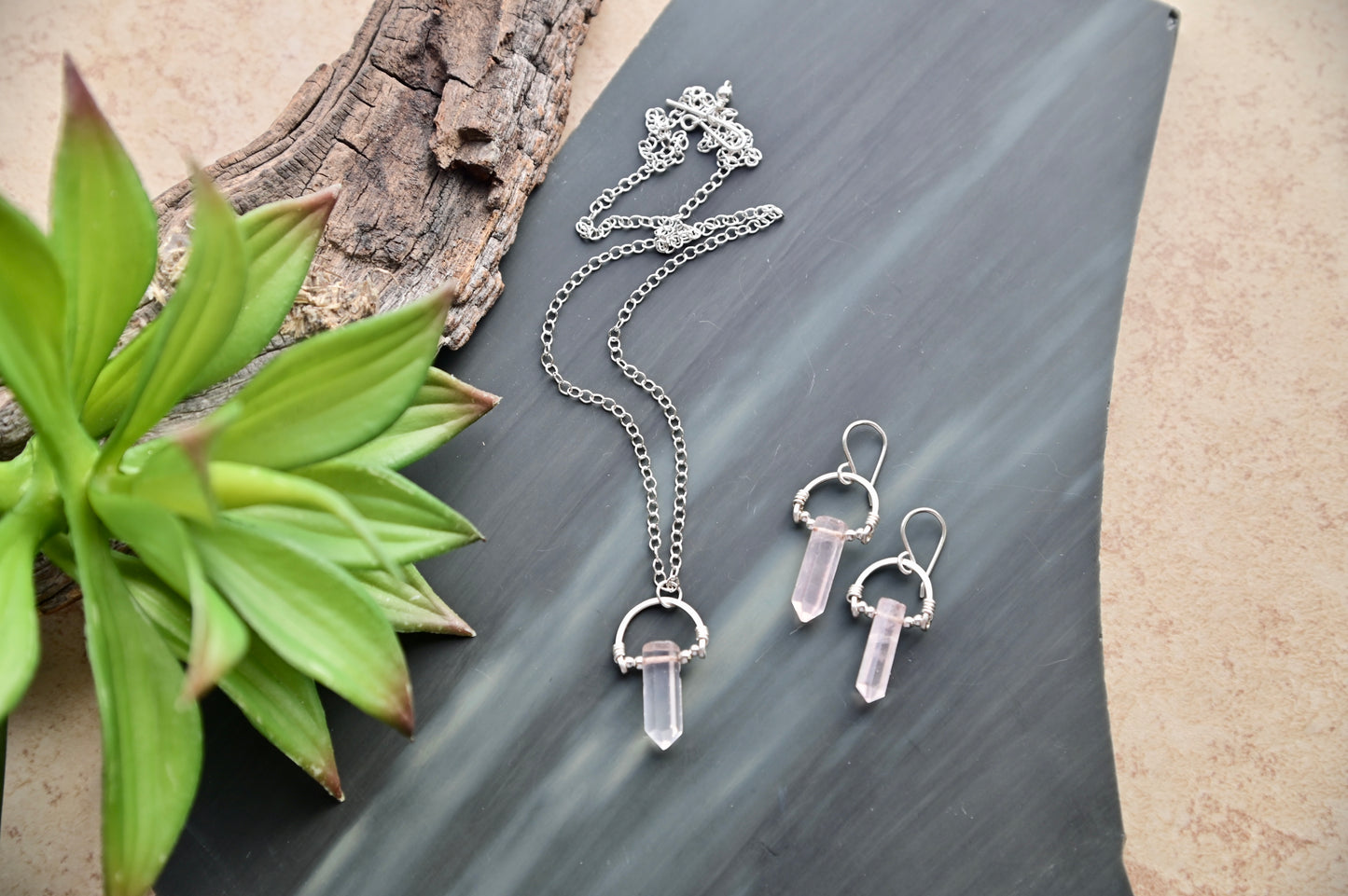 Hammered Hoops: Rose Quartz + Silver Necklace & Earrings