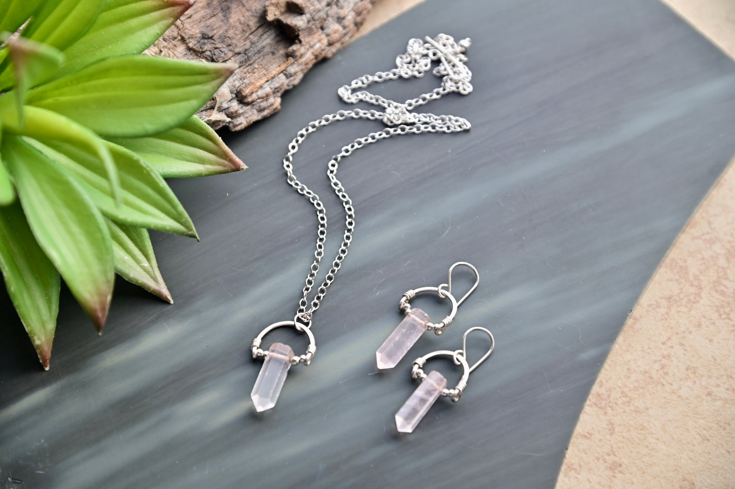 Hammered Hoops: Rose Quartz + Silver Necklace & Earrings