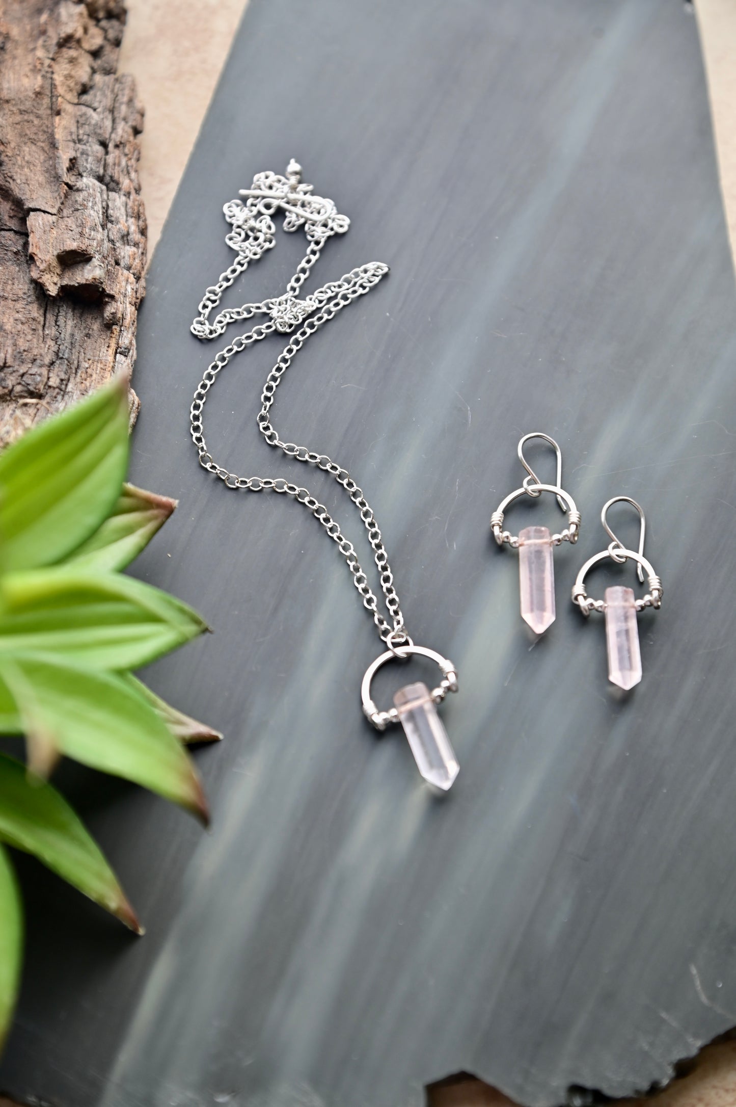 Hammered Hoops: Rose Quartz + Silver Necklace & Earrings