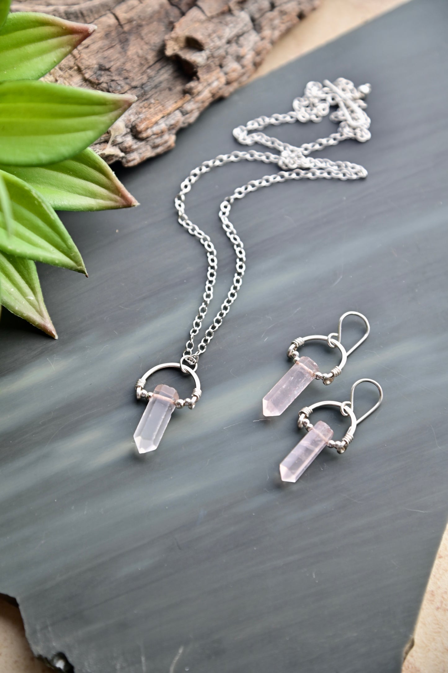 Hammered Hoops: Rose Quartz + Silver Necklace & Earrings