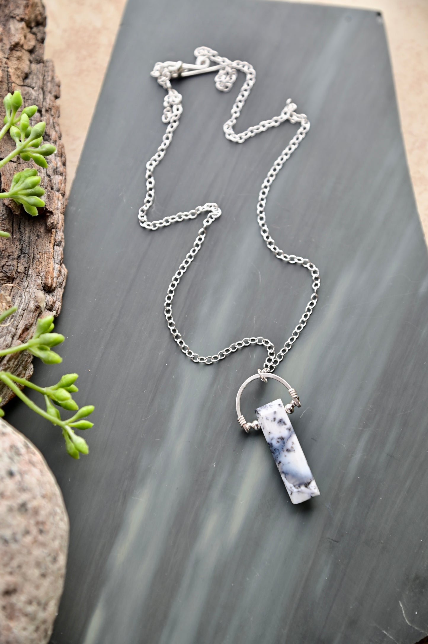 Hammered Hoops: Dendrite Opal + Silver Necklace