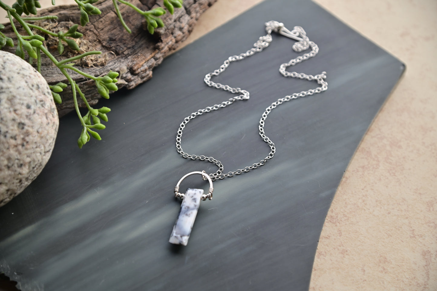 Hammered Hoops: Dendrite Opal + Silver Necklace