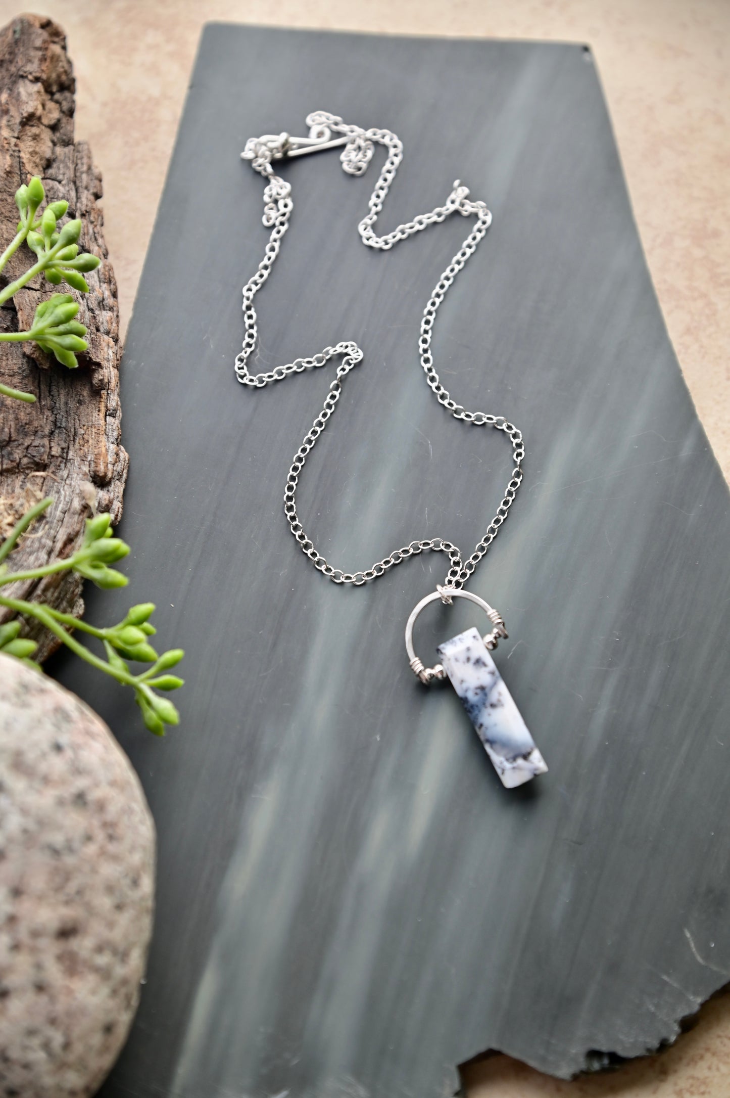 Hammered Hoops: Dendrite Opal + Silver Necklace